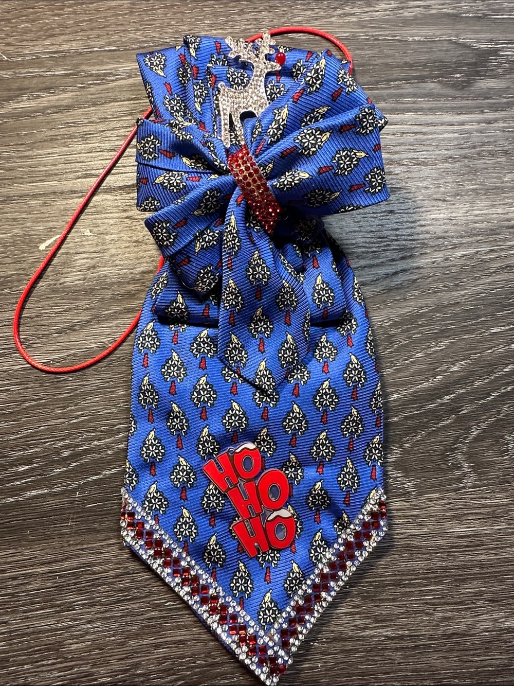 GAP Blue and Red Holiday Necklace Tie with Bow and Reindeer Charm HoHoHo